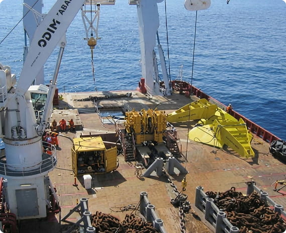 Subsea equipment on the aft deck of a construction vessel